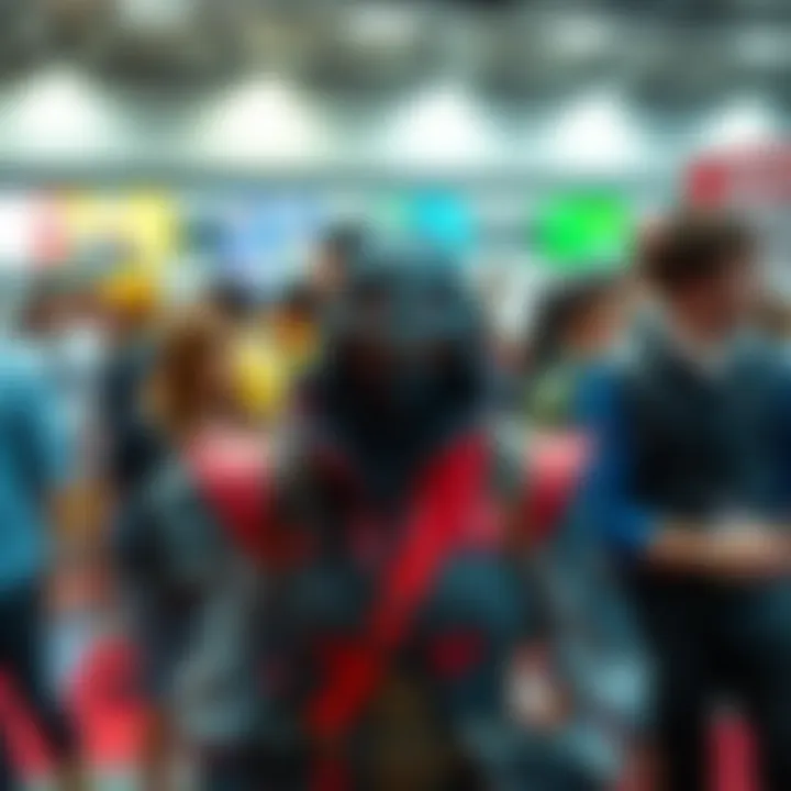 A cosplayer dressed as a character from Resident Evil at a convention, surrounded by other attendees