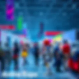 A vibrant scene of cosplayers showcasing their costumes at a convention, with colorful booths in the background.