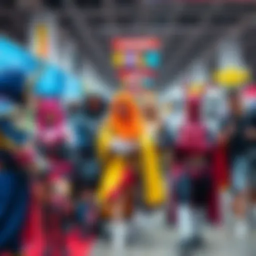 A group of diverse cosplayers in elaborate costumes showcasing their favorite characters at a lively convention