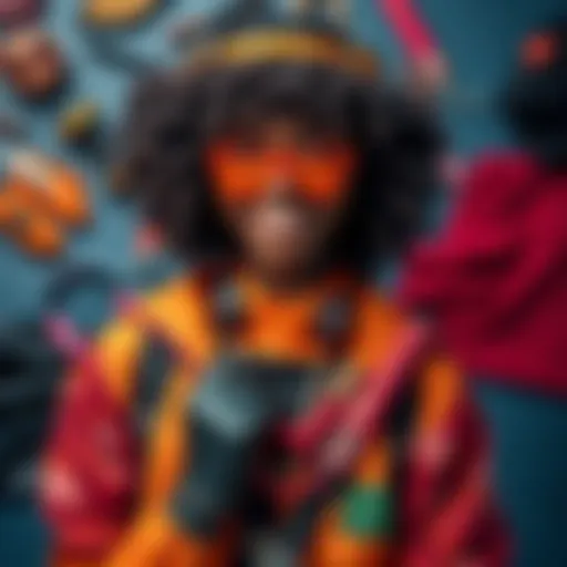 A person in a vibrant cosplay outfit representing a black character with bold colors and accessories, surrounded by cosplay elements