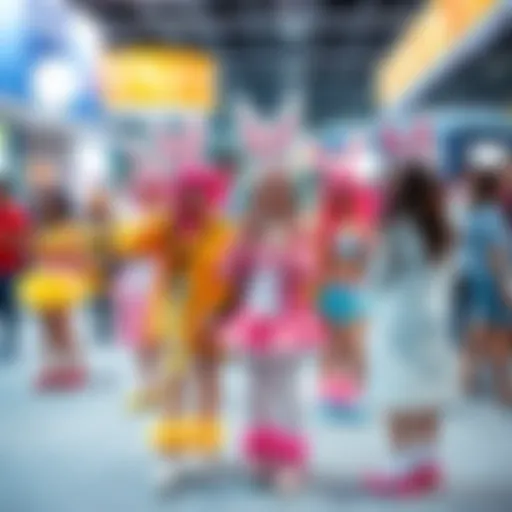A group of people showcasing vibrant cottontail cosplay outfits at a convention, featuring bunny ears and playful accessories.