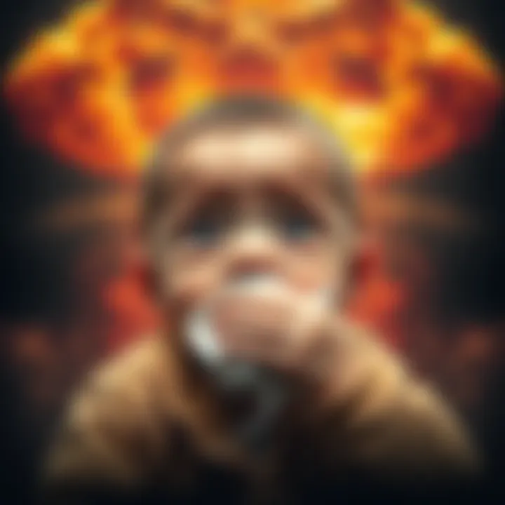 A baby with a surprised expression coughing, contrasting a backdrop of a hydrogen bomb explosion, symbolizing innocence against destruction