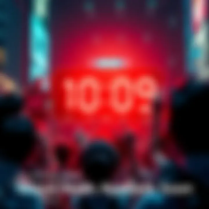 A digital countdown clock showing hours and minutes left until a major news event announcement, surrounded by people's excited expressions.
