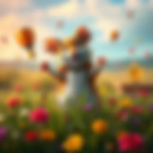 A cheerful Country Mouse celebrating success in a vibrant field, surrounded by symbols of growth and achievement.