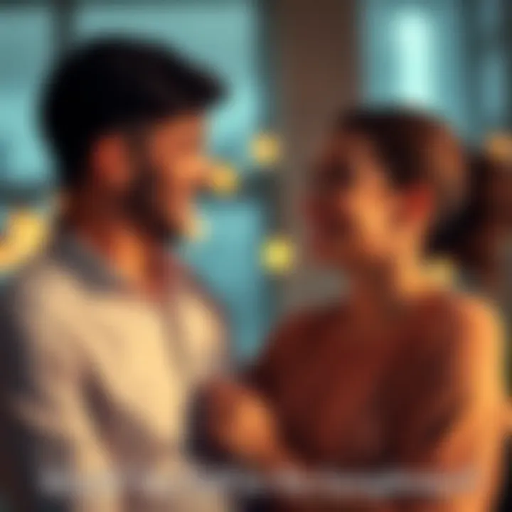 A man compliments a woman, both smiling warmly, showcasing a connection.