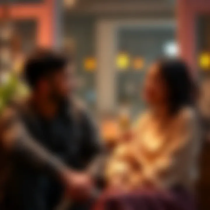 A couple sitting together and talking openly about consent in their relationship, smiling and looking engaged.