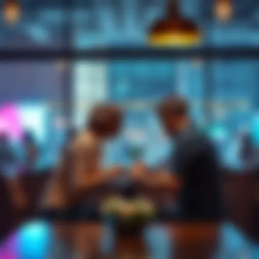 A couple sitting at a table, engaged in a deep conversation about their views on love and marriage