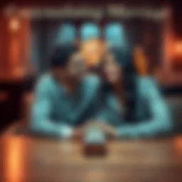 A couple sitting together, smiling and talking about their future, with a ring box on the table, symbolizing their contemplation of marriage.