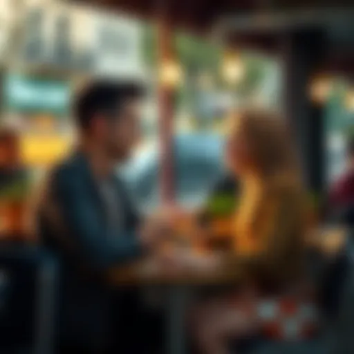 A couple sitting at a café, talking about their relationship preferences and what they look for in partners.