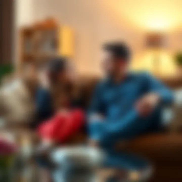 Couple Discussing Relationship Boundaries A couple sitting on a couch discussing their relationship boundaries, looking thoughtful and engaged in conversation.