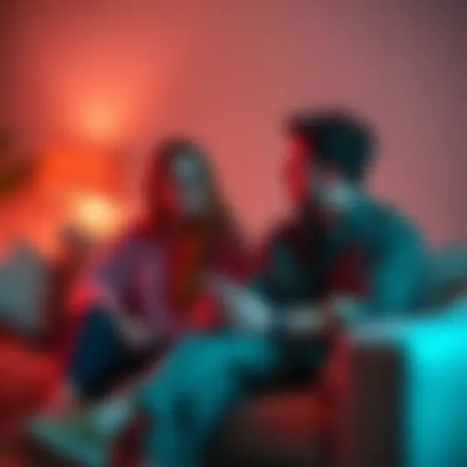 A couple sitting on a couch, having an open conversation about their past and future relationships, with thoughtful expressions