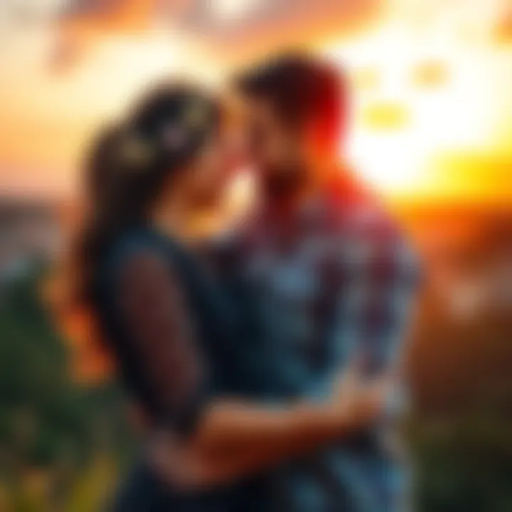 A couple sharing a joyful moment together, showcasing their deep connection and happiness, surrounded by a beautiful sunset.