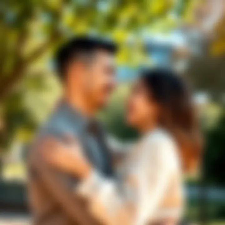 A joyful couple smiling and embracing each other in a sunny park, celebrating their love.