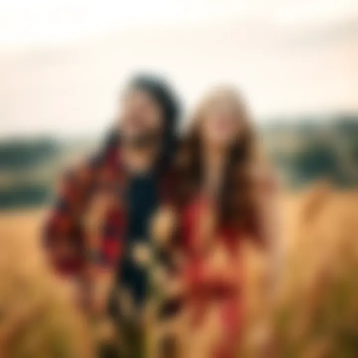 A young couple laughing together in a field, with the boyfriend wearing a wild outfit and the girlfriend smiling beside him, capturing their playful date.
