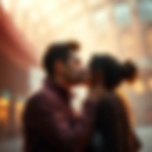 Couple sharing a first kiss A young couple leaning in for their first kiss in a romantic setting, surrounded by soft lighting and a dreamy atmosphere.