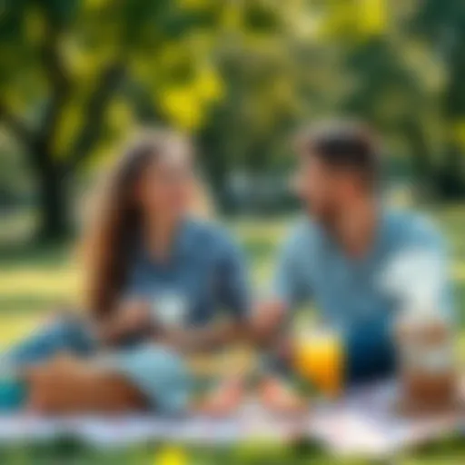 A happy couple having a picnic in a park, sharing food and laughter, showing love and support for each other.