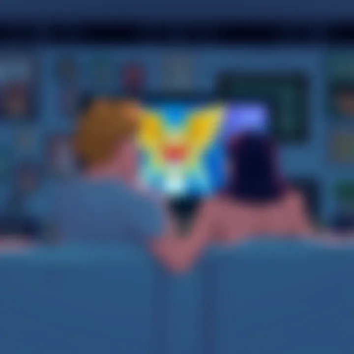 A couple watches the classic anime Saint Seiya on a screen, sharing their thoughts and laughter while surrounded by memorabilia from the series.