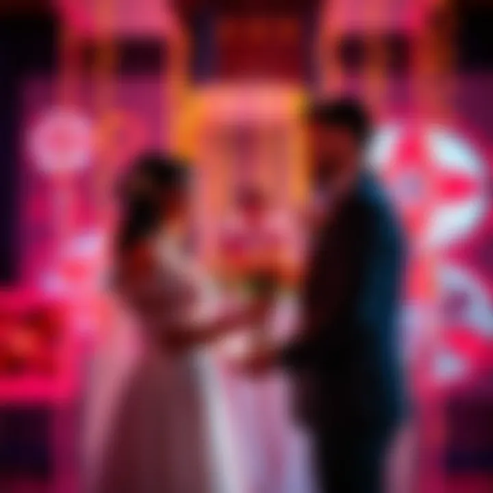 A couple exchanges vows during a modern wedding ceremony featuring digital displays and interactive elements