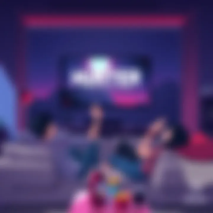 A couple sits on a couch, excitedly watching the anime Hunter on a large screen, with snacks on the table.