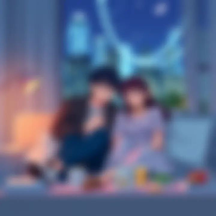 A couple cuddles on a couch, watching an anime together with snacks around them.
