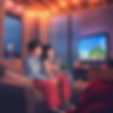 Couple watching anime together A couple sitting close on a couch, smiling while watching a slice-of-life romcom anime on a TV, surrounded by snacks and cozy blankets.