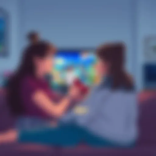 A young couple sitting on a couch, sharing snacks while watching anime on a TV, with expressions of joy and engagement.