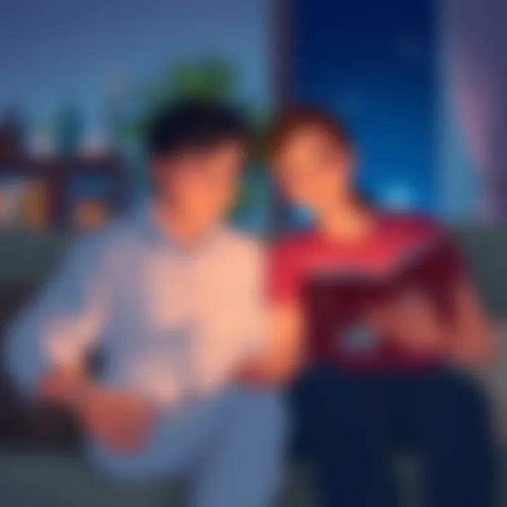 A couple sitting on a couch, watching a Studio Ghibli movie, with emotional expressions as they discuss romantic moments from the film.