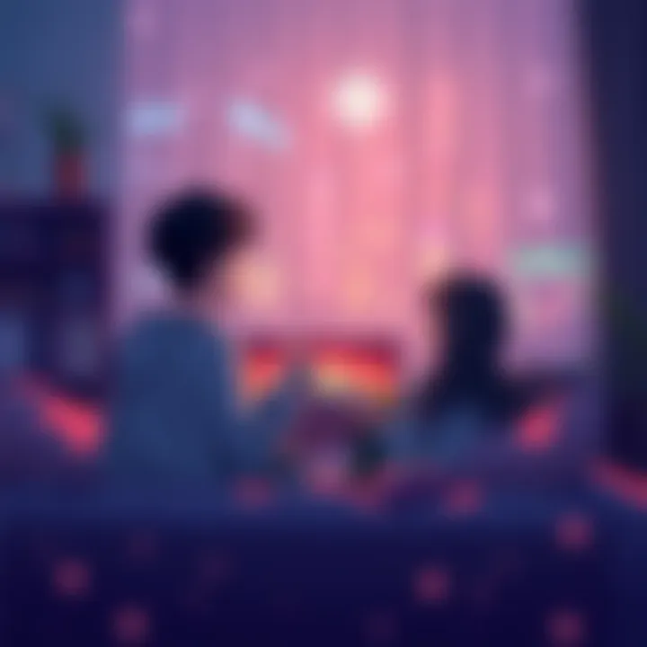 Couple watching romance anime A couple cuddled together on a couch, watching a romantic anime on TV with popcorn and snacks around them