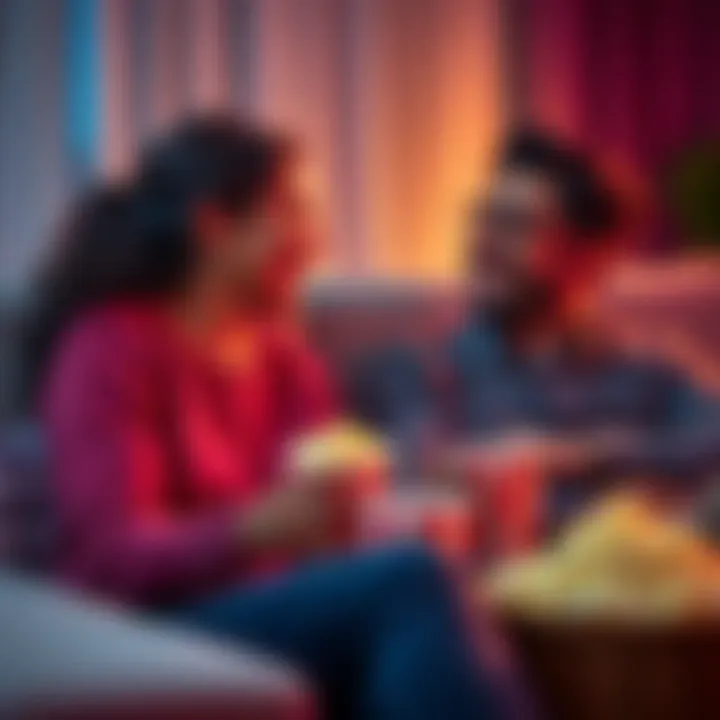 A couple laughing together while watching a romantic comedy on a couch, surrounded by popcorn and drinks.