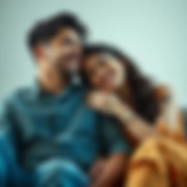 A couple sitting closely together, sharing a laugh, with the woman playfully resting her head on the man's shoulder. The scene captures warmth and intimacy, highlighting their unique bond.