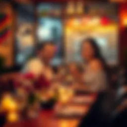 A happy couple enjoying their anniversary dinner at a cozy restaurant with candles and flowers on the table.