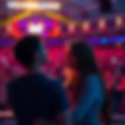 A man and woman enjoying the AOT concert together, with colorful lights and excited crowd in the background.