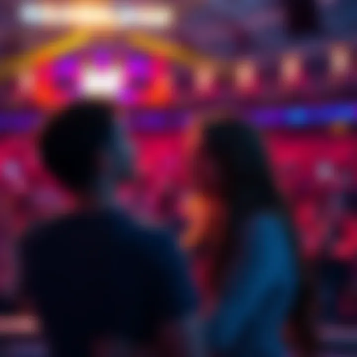 A man and woman enjoying the AOT concert together, with colorful lights and excited crowd in the background.