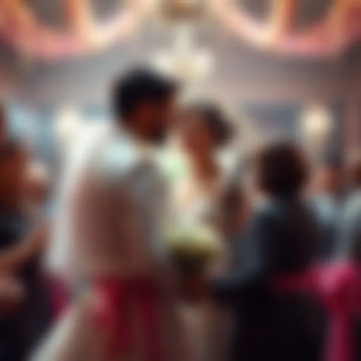 A bride and groom standing together during their wedding ceremony, surrounded by friends and family, with a celebratory atmosphere.