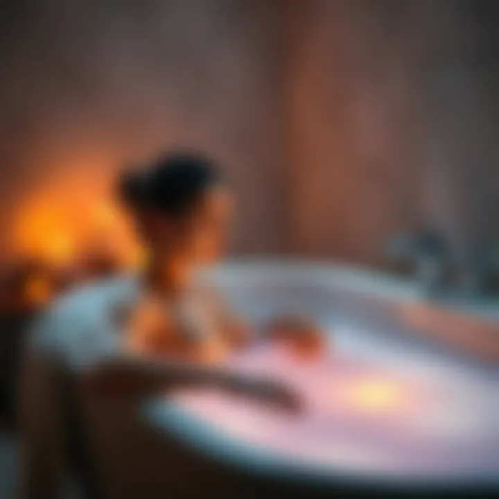 A couple enjoying a bath together with candles and soft lighting.
