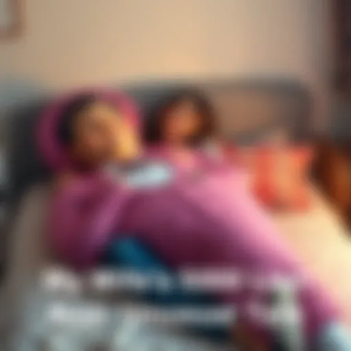 A woman happily hugging a giant body pillow shaped like her husband, sitting on a bed with cozy decor.