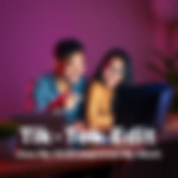 A man and woman sitting together at a desk, working on a video edit on a laptop, smiling and pointing at the screen.