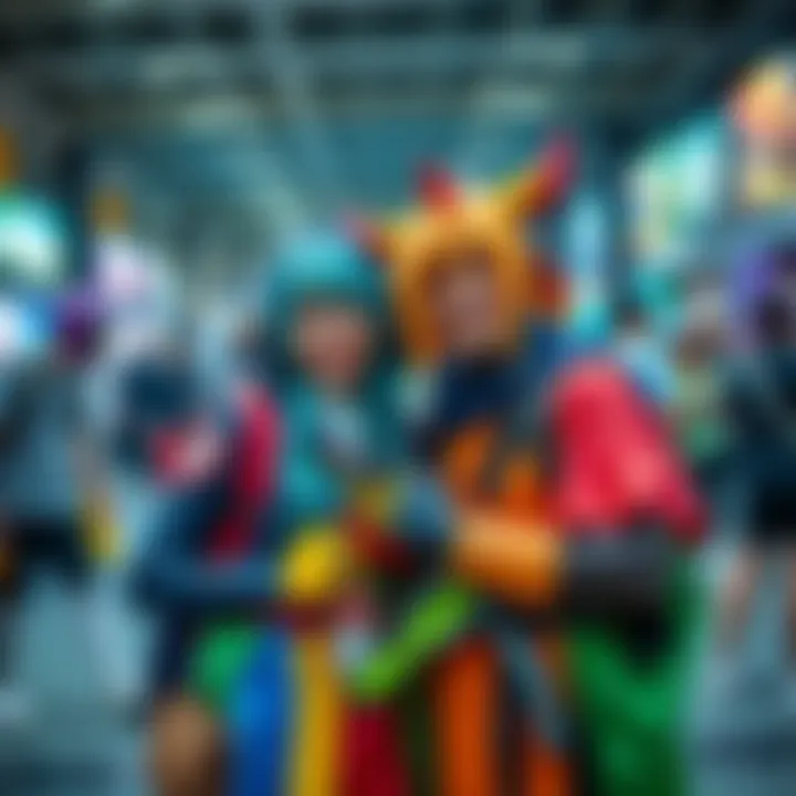 A couple dressed in colorful cosplay costumes, smiling and posing together at a convention.