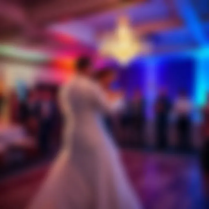 A couple joyfully dancing at a wedding reception, surrounded by guests enjoying the celebration.