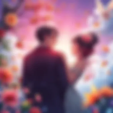 Couple in Fantasy World A couple in a whimsical fantasy setting, surrounded by colorful flowers and bright skies, showcasing a blend of romance and comedy.