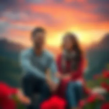 A happy couple sitting together, holding hands and smiling, surrounded by romantic scenery.