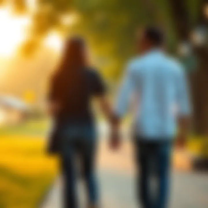 A couple walking together, holding hands in a public park, showcasing their romantic connection.