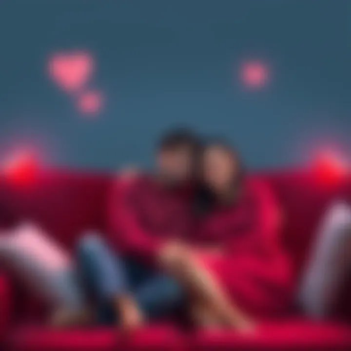 A happy couple sitting together on a couch, smiling and enjoying each other's company, with heart shapes in the background.