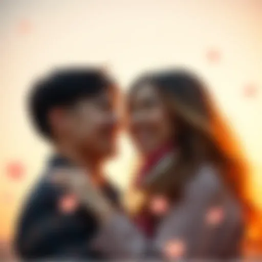 A romantic couple smiling at each other, showcasing their age difference, surrounded by a soft background, representing their unique bond.