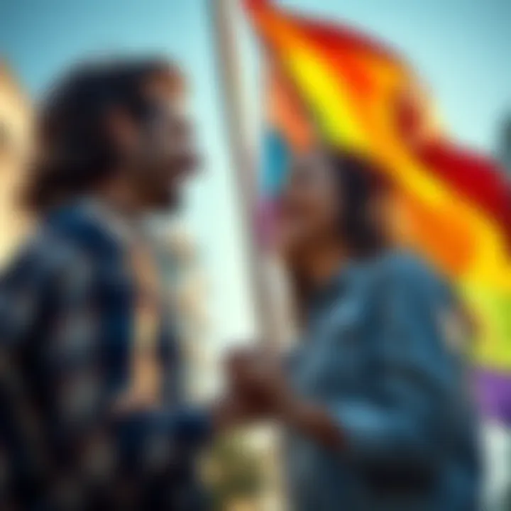 Two same-sex partners sharing a joyful moment while holding hands and smiling under a rainbow flag