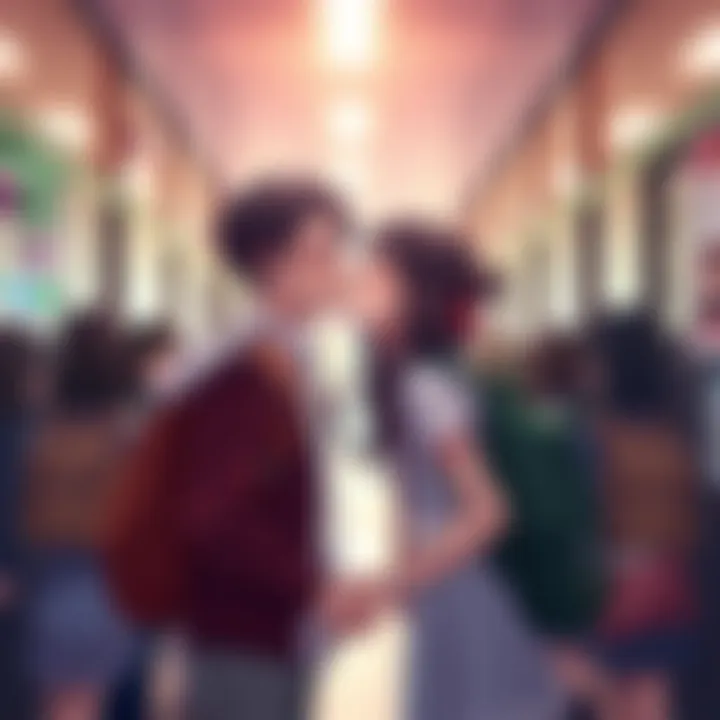 A young couple leaning in for a kiss in a school hallway, surrounded by classmates, highlighting a moment of romance.