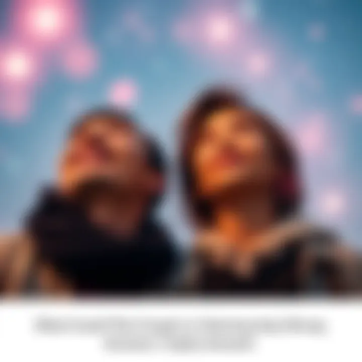 A couple gazing at the sky with amused expressions, as if imagining something funny