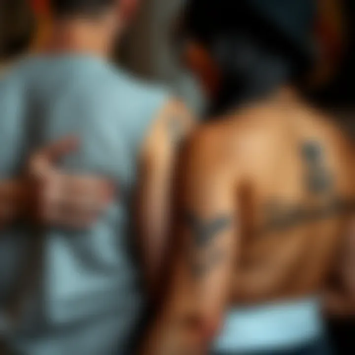 A couple showing off their matching tattoos on their arms, symbolizing their love and connection.