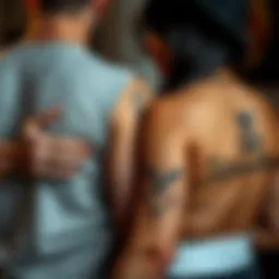 Couple with matching tattoos A couple showing off their matching tattoos on their arms, symbolizing their love and connection.