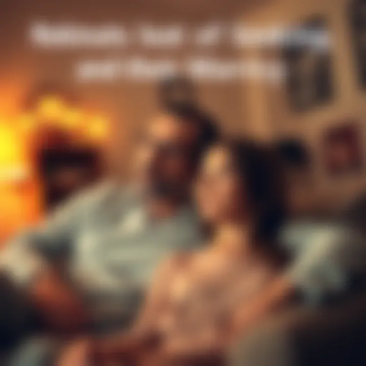 A couple sitting together on a couch, looking serious and thoughtful, with a warm living room background, symbolizing reflection on marriage loyalty.